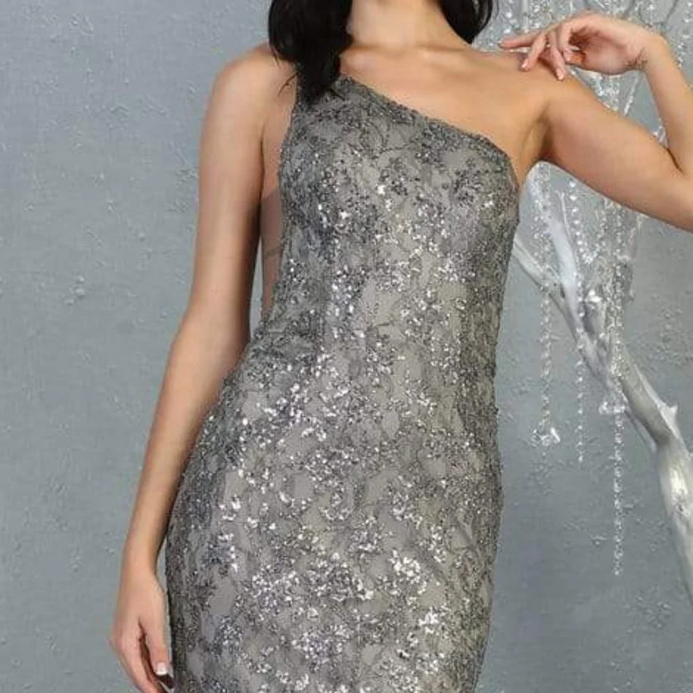 May Queen MQ1804 One Shoulder Strap Fitted Mermaid Dress in Silver size 14